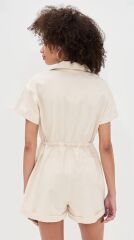 Cep Detaylı Bağcıklı Keten Tulum Bej - XL