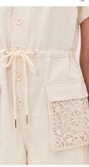 Cep Detaylı Bağcıklı Keten Tulum Bej - XL