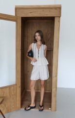 Askılı Keten Şort Takım Bej - XL