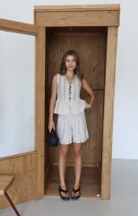 Askılı Keten Şort Takım Bej - XL