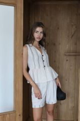 Askılı Keten Şort Takım Bej - XL