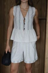 Askılı Keten Şort Takım Bej - XL