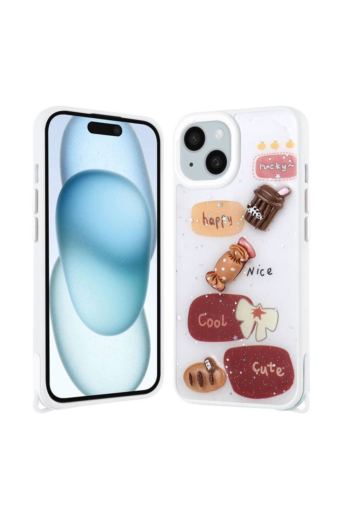 iPhone 15 Kılıf Parlayan Simli Kabartma Figürlü BSAY Cevze Kapak - Yeşil Beyaz