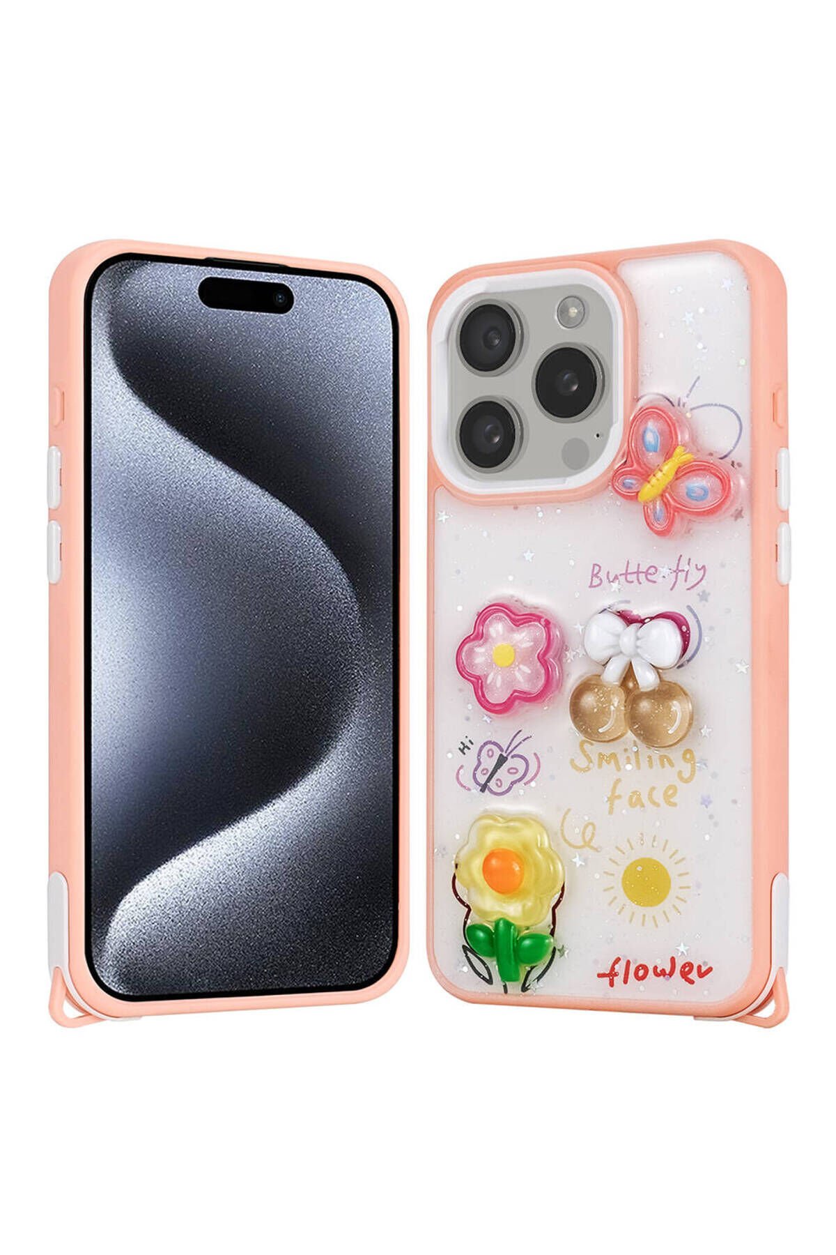 iPhone 15 Pro Kılıf Parlayan Simli Kabartma Figürlü BSAY Cevze Kapak - Pembe Pembe