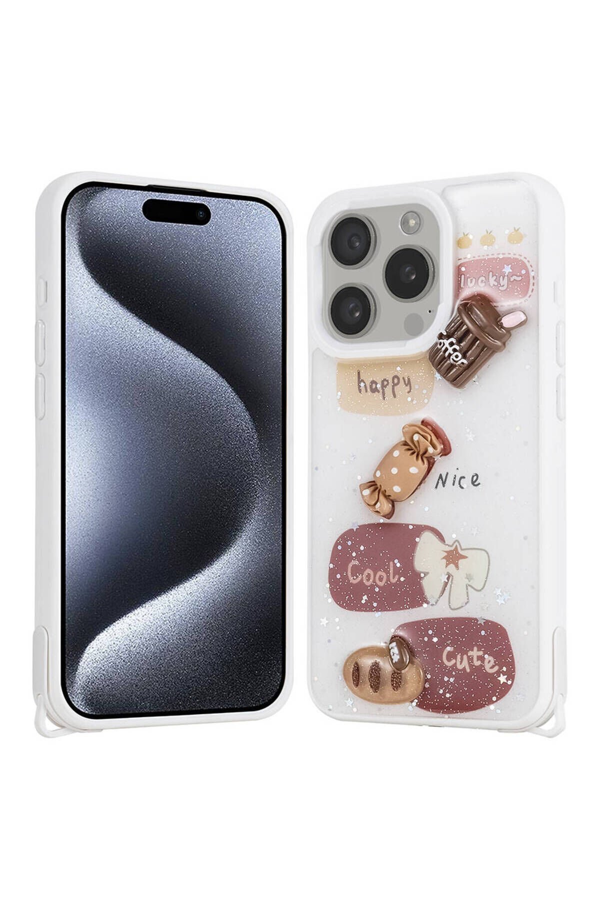 iPhone 15 Pro Kılıf Parlayan Simli Kabartma Figürlü BSAY Cevze Kapak - Pembe Beyaz