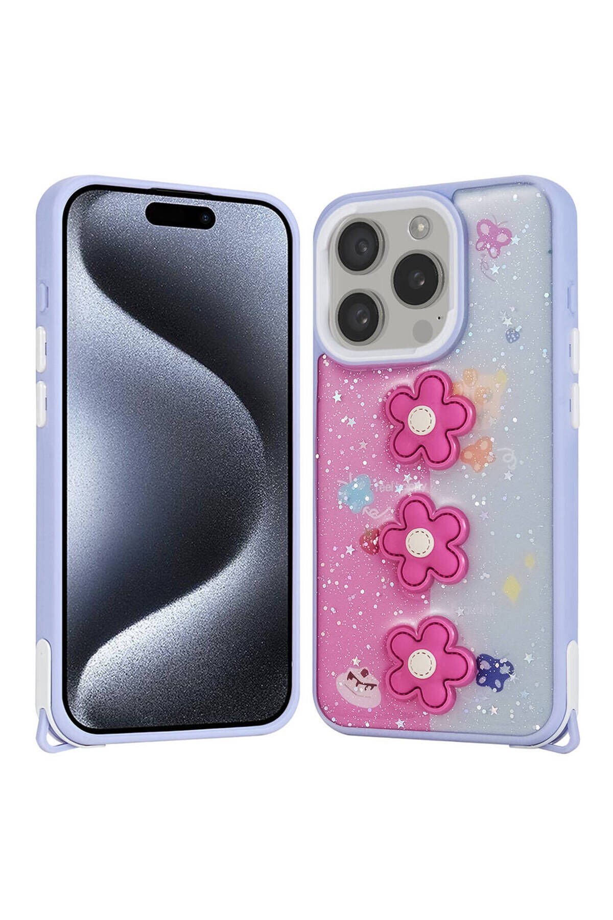 iPhone 15 Pro Kılıf Parlayan Simli Kabartma Figürlü BSAY Cevze Kapak - Pembe Beyaz