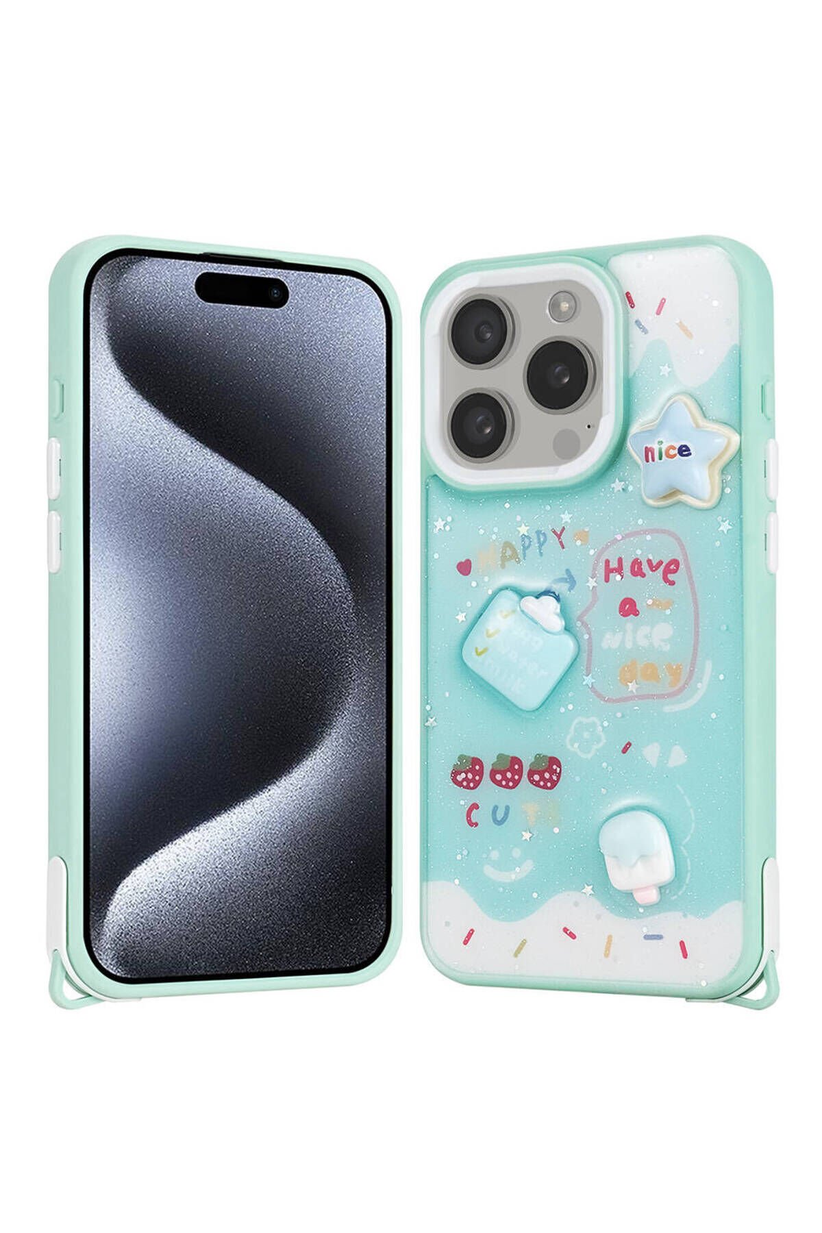 iPhone 15 Pro Kılıf Parlayan Simli Kabartma Figürlü BSAY Cevze Kapak - Pembe Yeşil