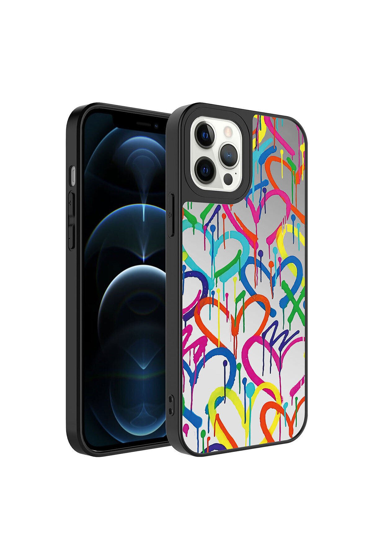 iPhone 12 Pro Max Uyumlu Aynalı Desenli Kamera Korumalı Parlak BSAY Mirror Kılıf-Yazı Kalp
