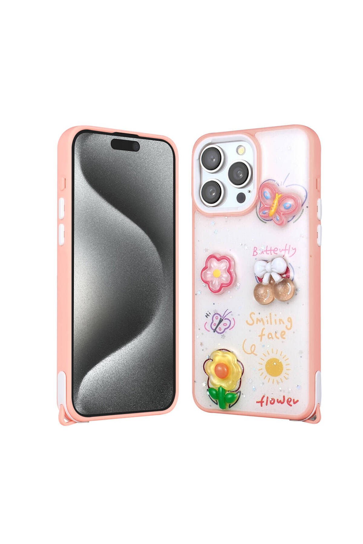iPhone 15 Pro Max Kılıf Parlayan Simli Kabartma Figürlü BSAY Cevze Kapak - Pembe Pembe
