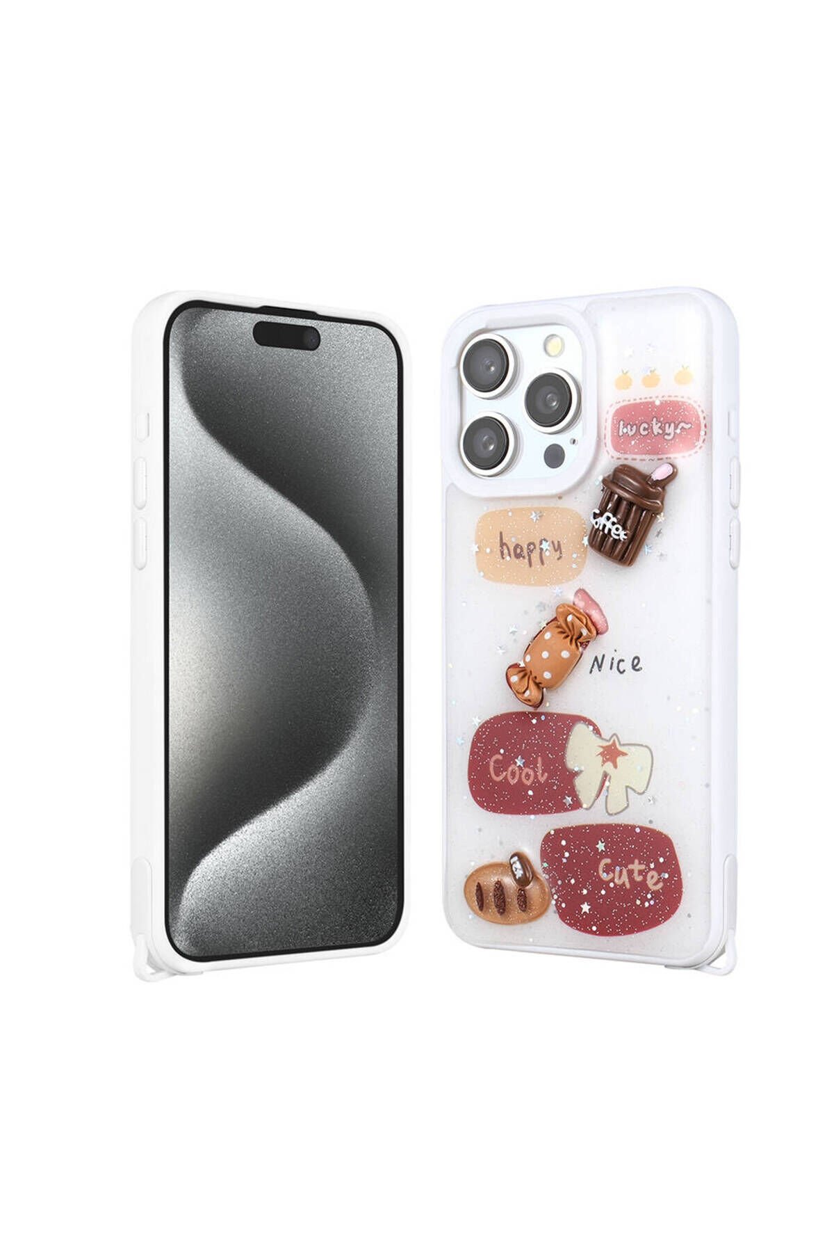 iPhone 15 Pro Max Kılıf Parlayan Simli Kabartma Figürlü BSAY Cevze Kapak - Pembe Pembe