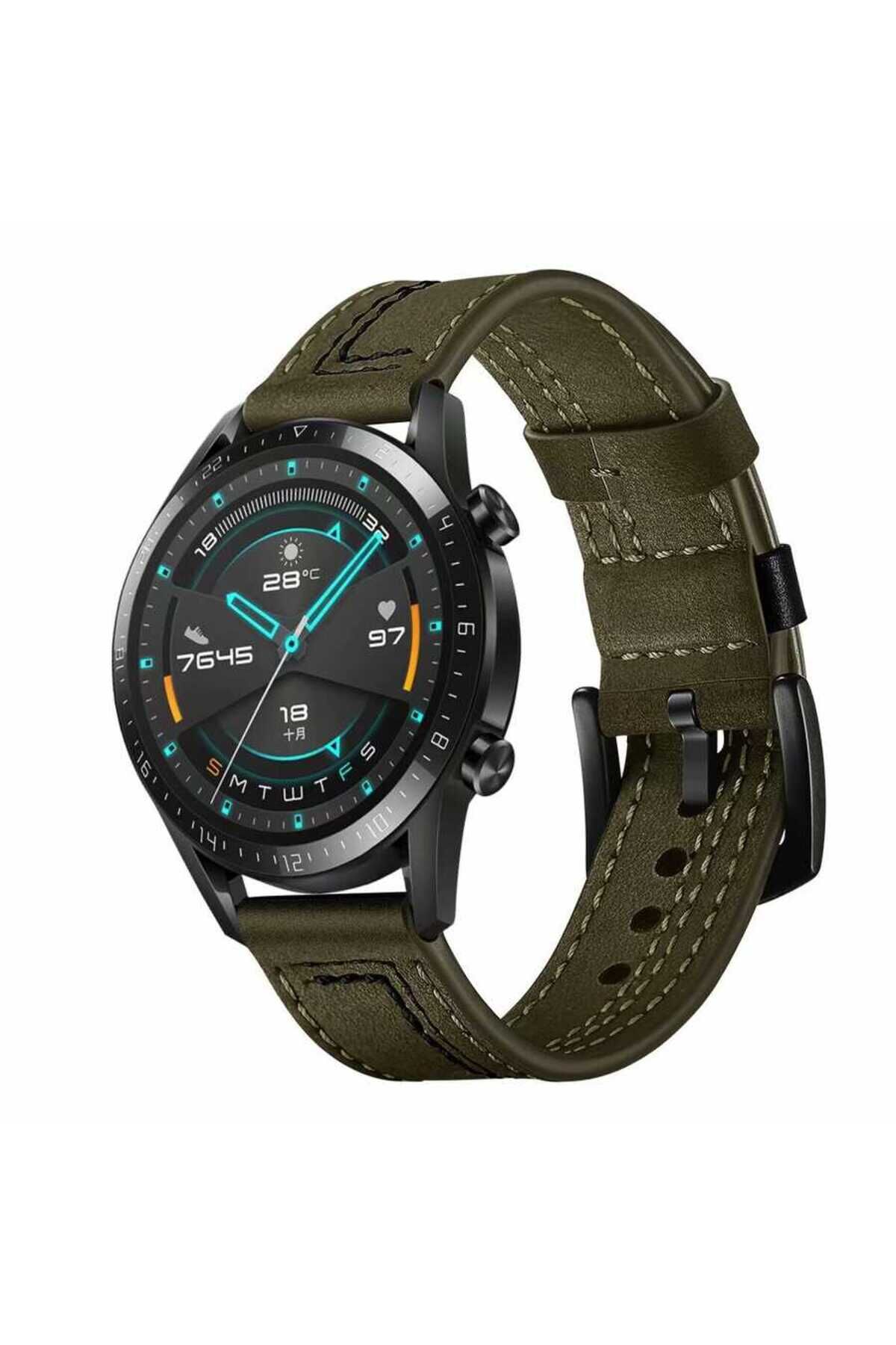 Huawei Watch GT 3 46mm Uyumlu KRD-19 Deri BSAY Kordon-Yeşil Yeşil