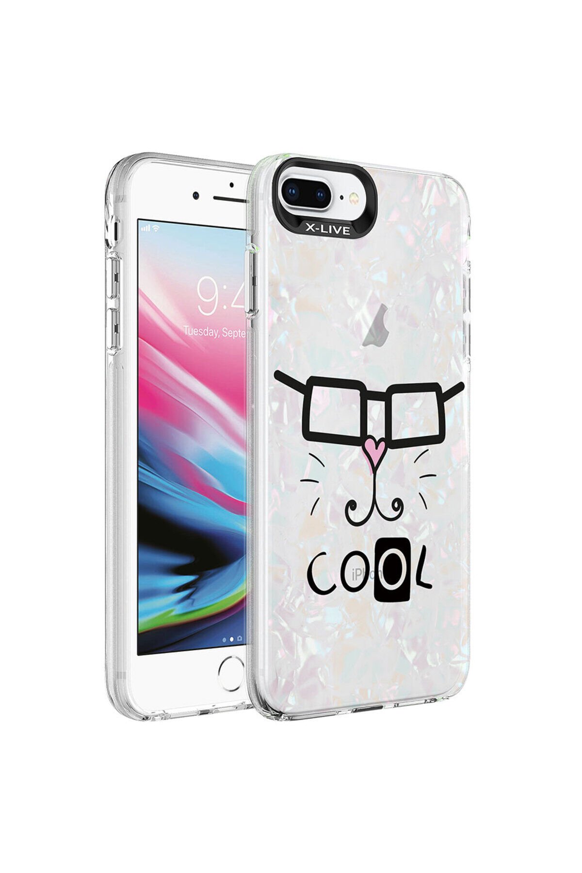 iPhone 8 Plus Kılıf Mermer Desenli BSAY Marbello Kapak - Pembe Beyaz