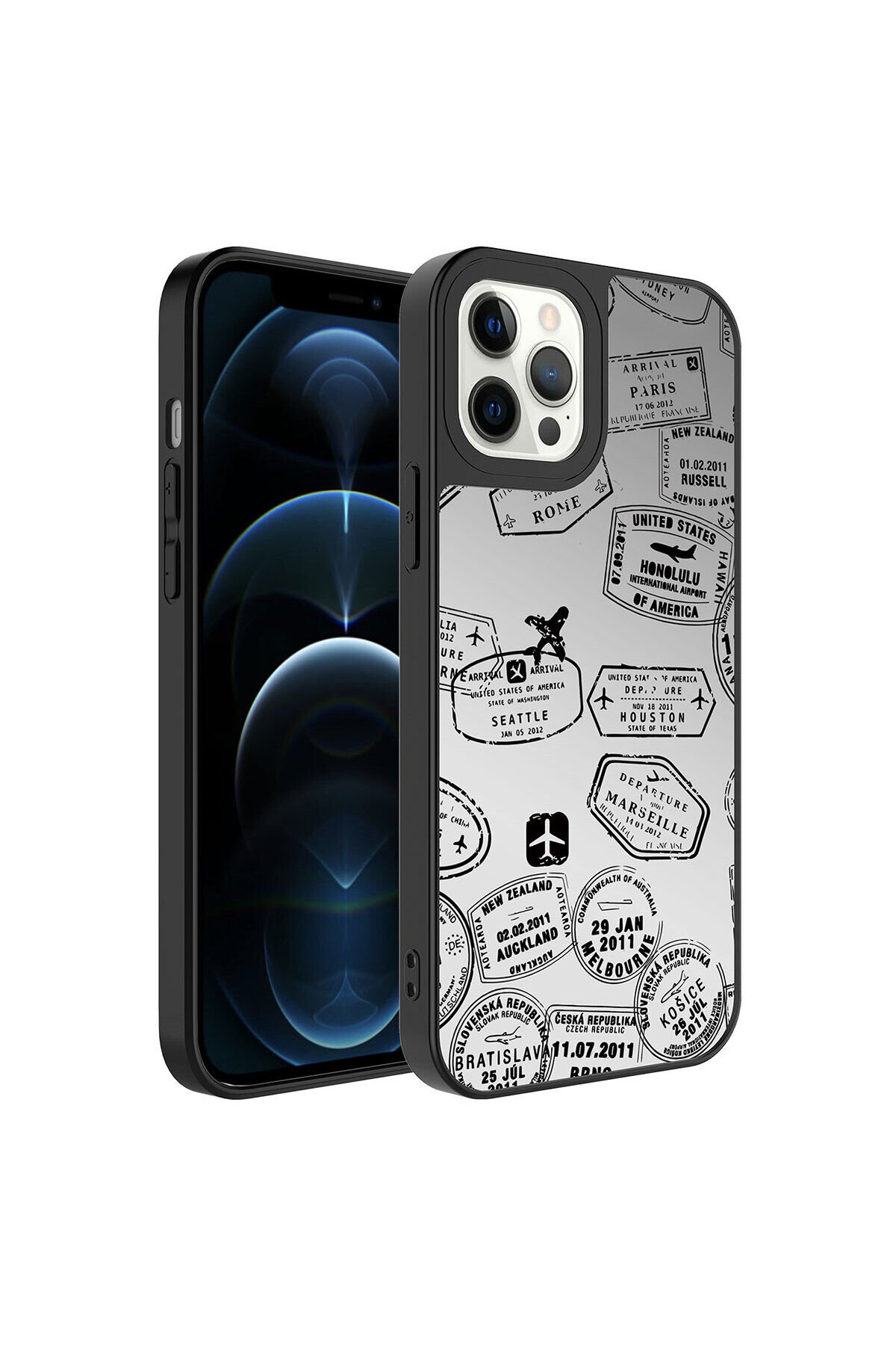 iPhone 12 Pro Max Uyumlu Aynalı Desenli Kamera Korumalı Parlak BSAY Mirror Kılıf-Yazı Seyahat
