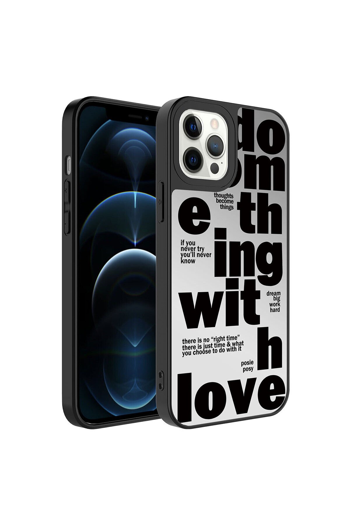 iPhone 12 Pro Max Uyumlu Aynalı Desenli Kamera Korumalı Parlak BSAY Mirror Kılıf-Yazı Love