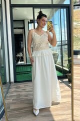 Askılı Keten Elbise L - Beyaz