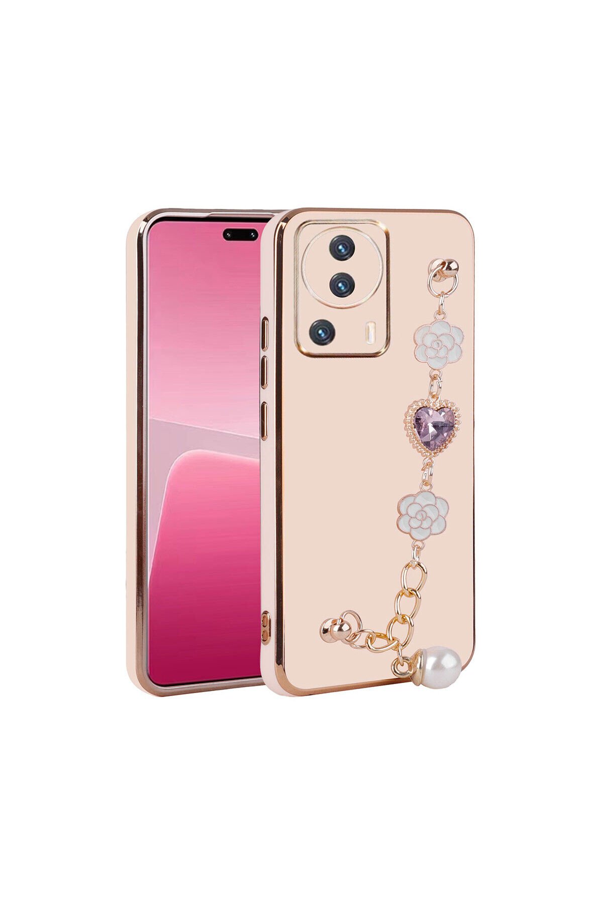 Mi 13 Lite Kılıf El Tutamaçlı Kamera Korumalı BSAY Taka Silikon Kapak - Siyah Pembe