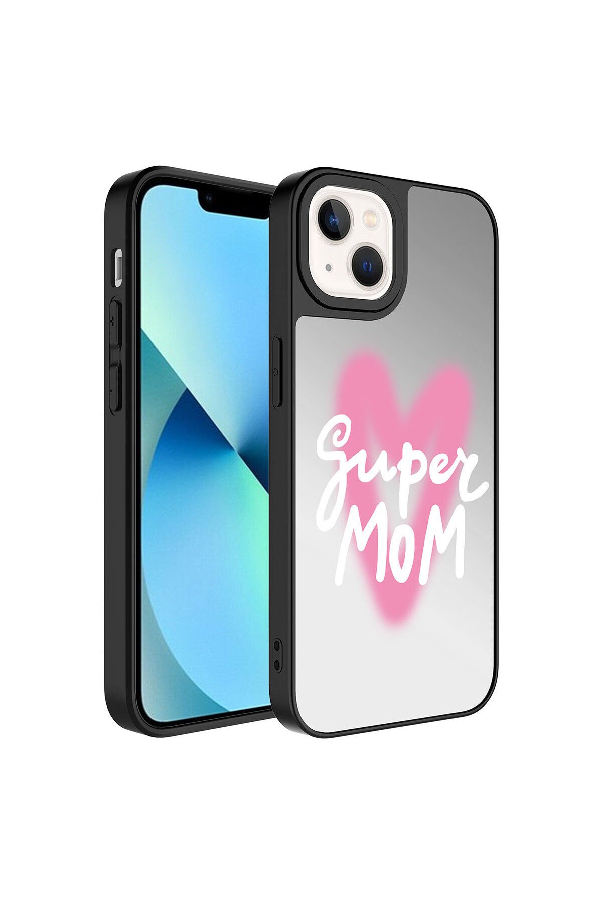 iPhone 13 Uyumlu Aynalı Desenli Kamera Korumalı Parlak BSAY Mirror Kılıf-Love Süper Anne
