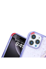 iPhone 16 Pro Max Kılıf Sıvılı Simli Şeffaf Arka Yüzey Zore Keto Silikon Kapak - Mor Gümüş
