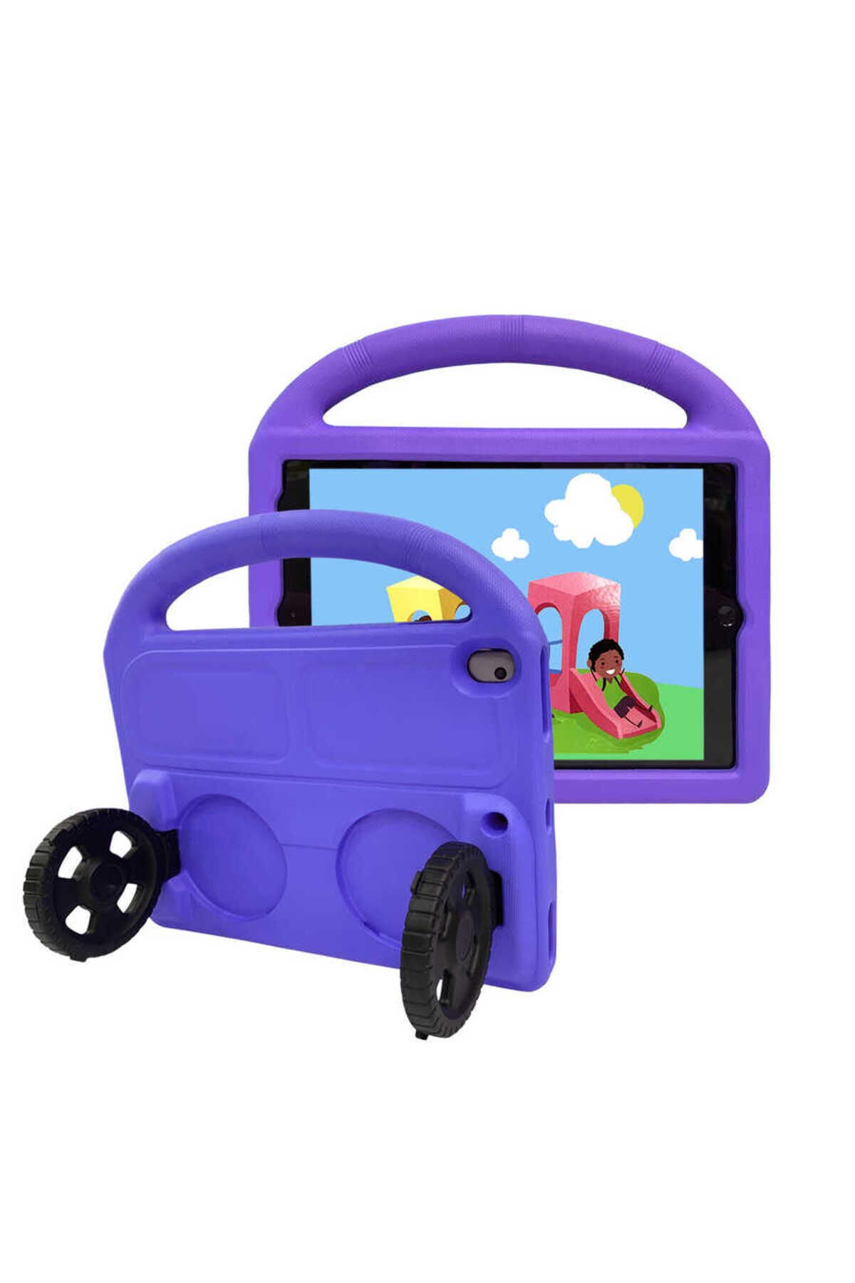 iPad 10.2 (8.Nesil) Uyumlu BSAY Wheel Car Tekerlek Standlı Tablet Eva Silikon Kılıf-Mor
