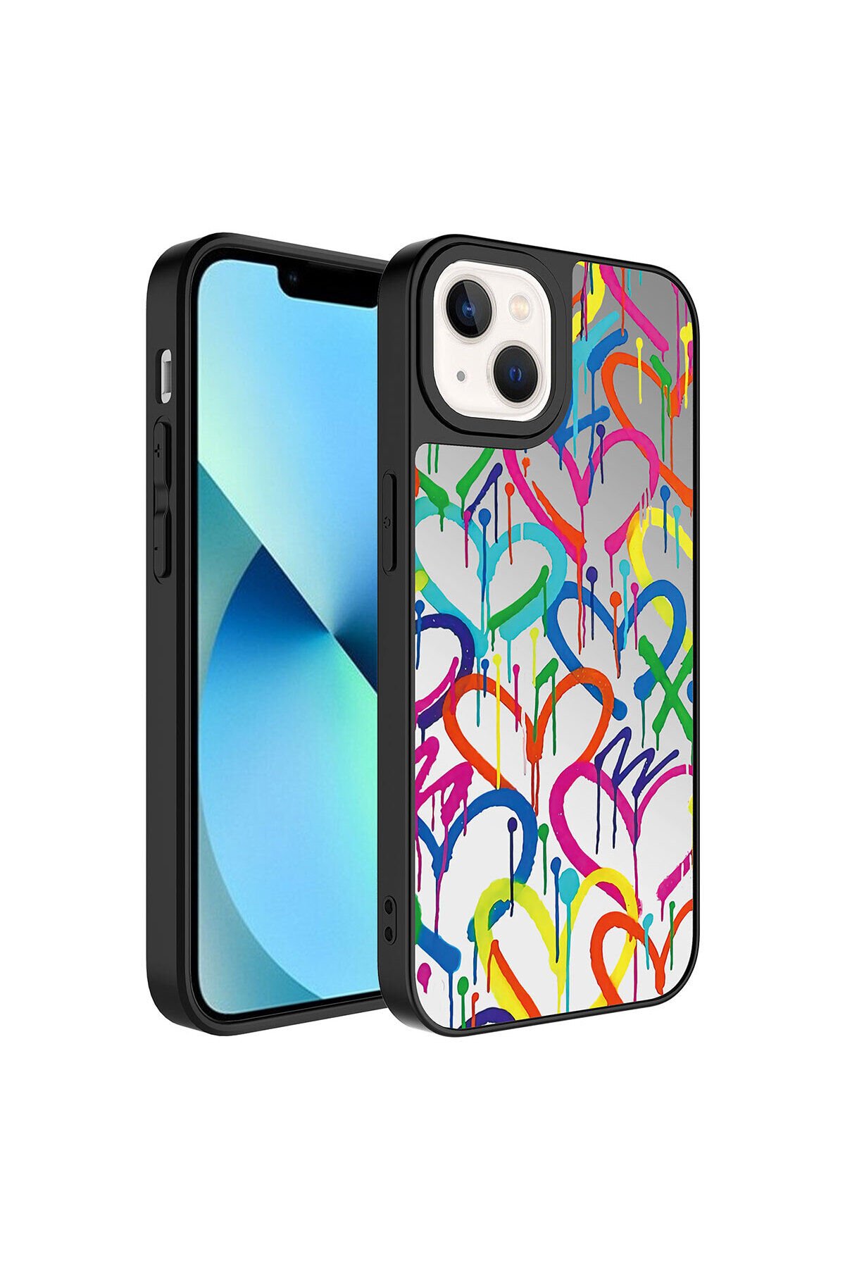 iPhone 13 Uyumlu Aynalı Desenli Kamera Korumalı Parlak BSAY Mirror Kılıf-Love Kalp