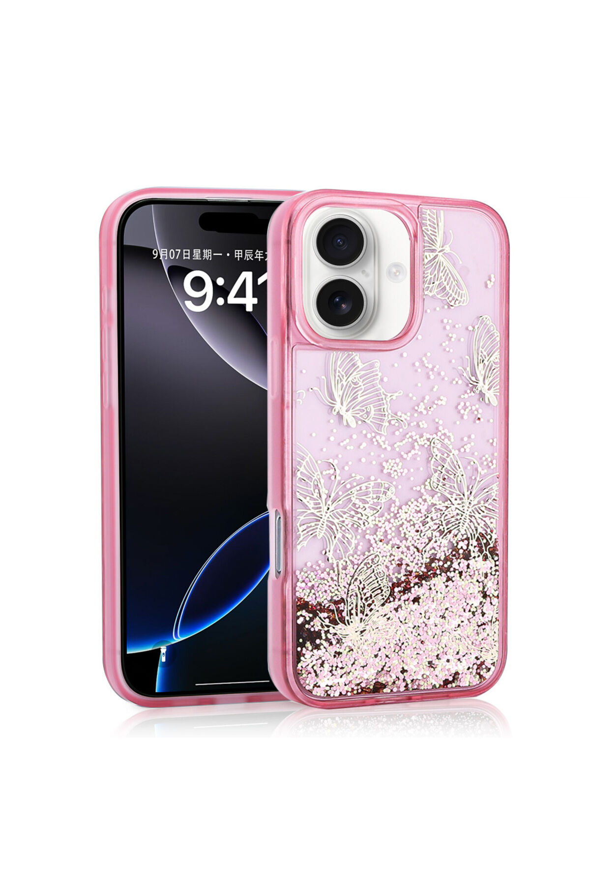 iPhone 16 Kılıf Sıvılı Simli Kelebek Baskılı Şeffaf Arka Yüzey Zore Glis Silikon Kapak - Mor Pembe