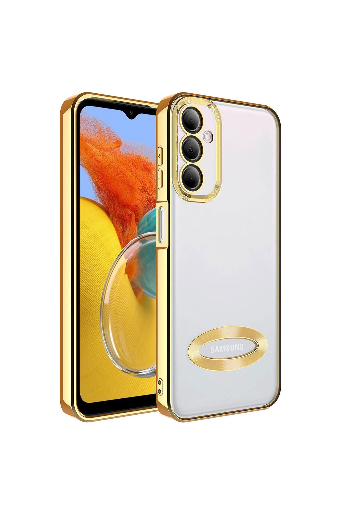 Galaxy M14 Kılıf Kamera Korumalı Logo Gösteren BSAY Omega Kapak - Sierra Mavi Gold
