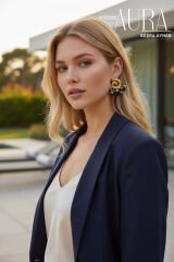 Mermer Desenli Yarım Ay Vip Küpe Siyah