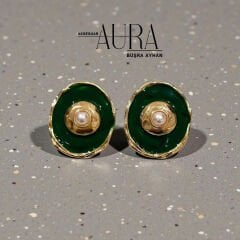 Mine Detaylı İnci Taşlı Gold Küpe Beyaz