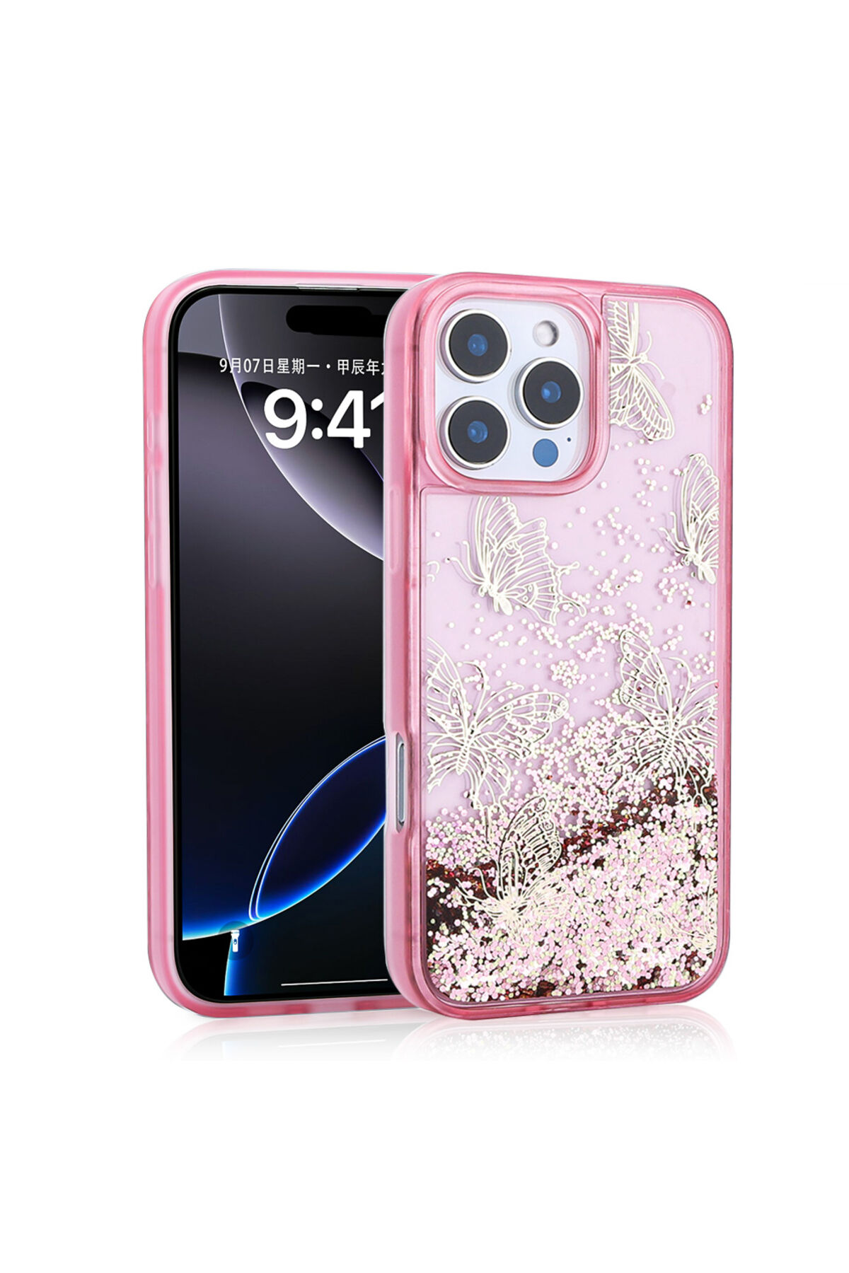 iPhone 16 Pro Max Kılıf Sıvılı Simli Kelebek Baskılı Şeffaf Arka Yüzey Zore Glis Silikon Kapak - Siy Pembe