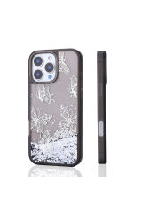 iPhone 16 Pro Max Kılıf Sıvılı Simli Kelebek Baskılı Şeffaf Arka Yüzey Zore Glis Silikon Kapak - Siy Mor