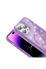 iPhone 14 Pro Max Kılıf Magsafe Şarj Özellikli Parlayan Simli BSAY Okso Kapak - Beyaz Siyah