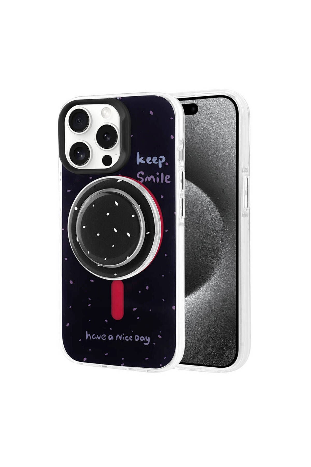 iPhone 15 Pro Max BSAY Magsafe Şarj Özellikli Tak-Çıkar Pop Soketli BSAY Tiktok Kılıf-Siyah Pembe Koyu