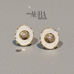 Mine Detaylı İnci Taşlı Gold Küpe Beyaz