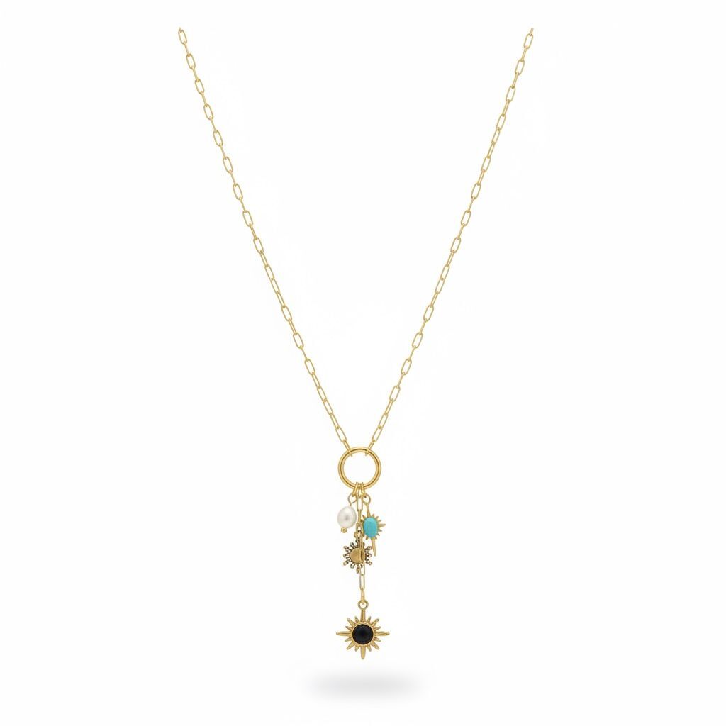 Turkuaz Taşlı Gold Çelik Charm Kolye