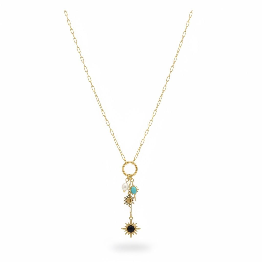 Turkuaz Taşlı Gold Çelik Charm Kolye