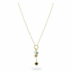 Turkuaz Taşlı Gold Çelik Charm Kolye