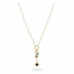 Turkuaz Taşlı Gold Çelik Charm Kolye