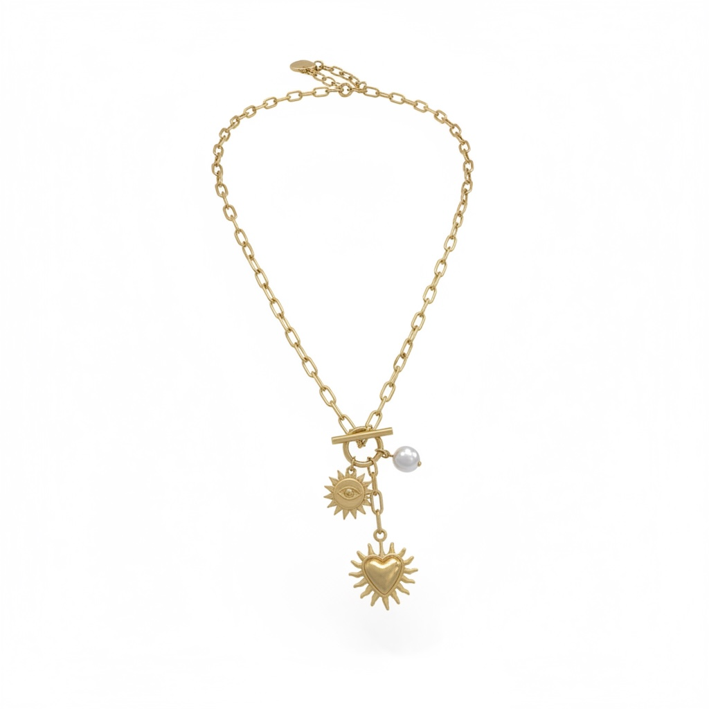 Güneş Figürlü İnci Detaylı Gold Charm Kolye