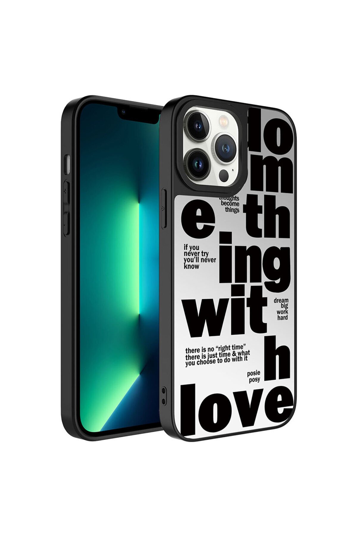 iPhone 13 Pro Max Uyumlu Aynalı Desenli Kamera Korumalı Parlak BSAY Mirror Kılıf-Kalp Love