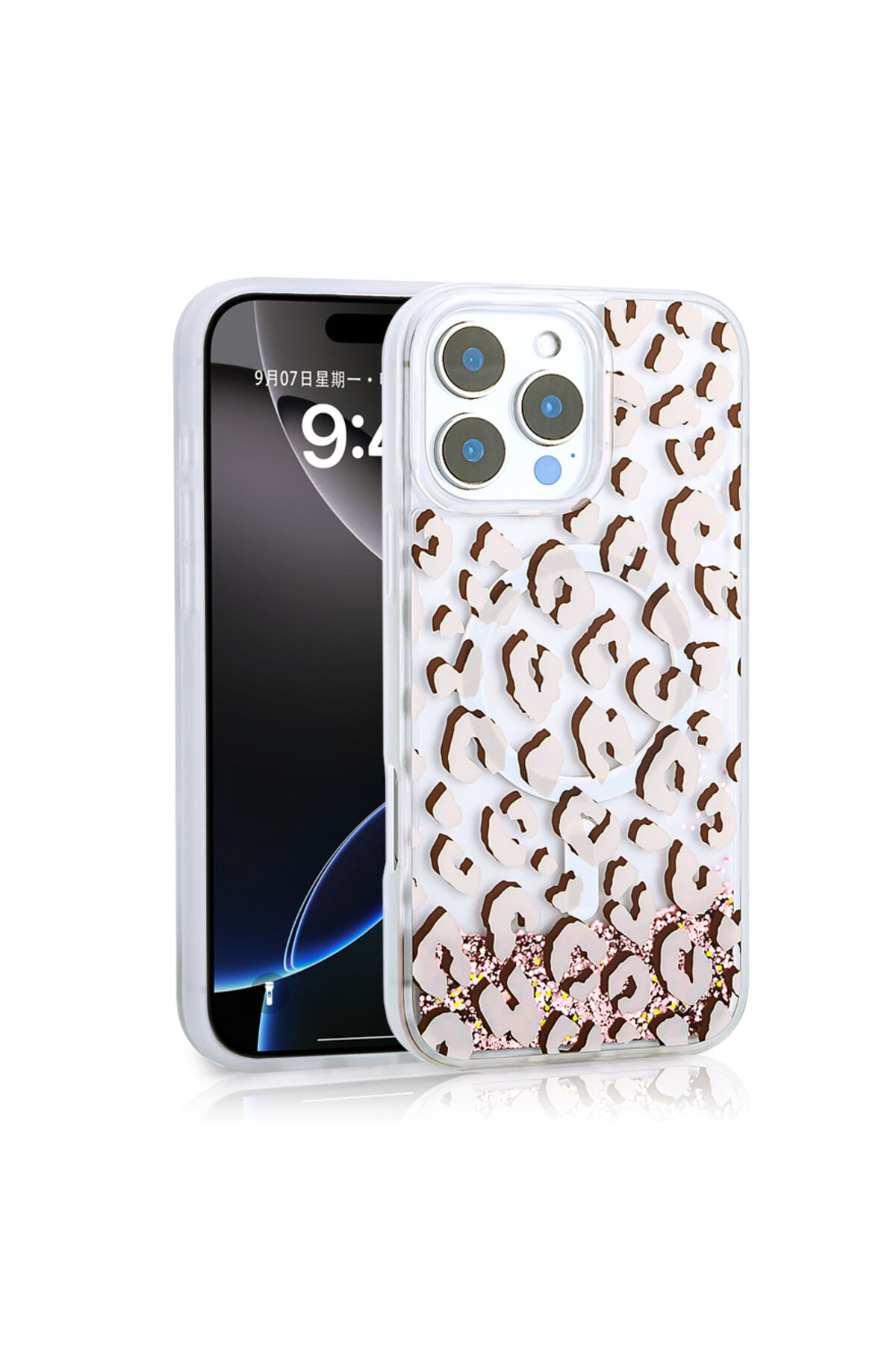 iPhone 16 Pro Max Kılıf Sıvılı Simli Baskılı Şeffaf Arka Yüzey Zore Mossa Silikon Kapak - Gri Pembe