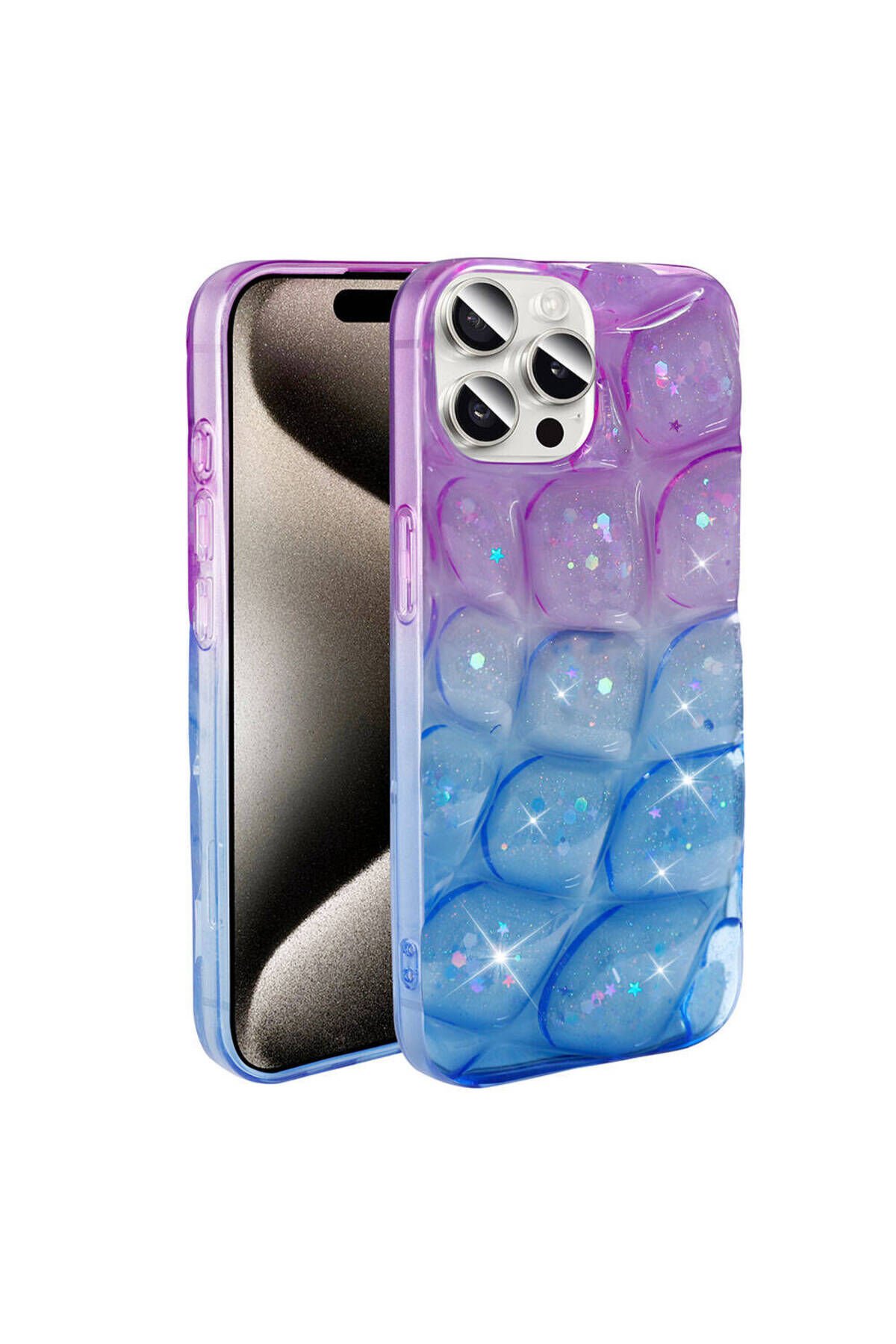 iPhone 15 Pro Kılıf Simli 3D Desenli BSAY Hacar Kapak - Pembe-Mor Pembe-Mavi