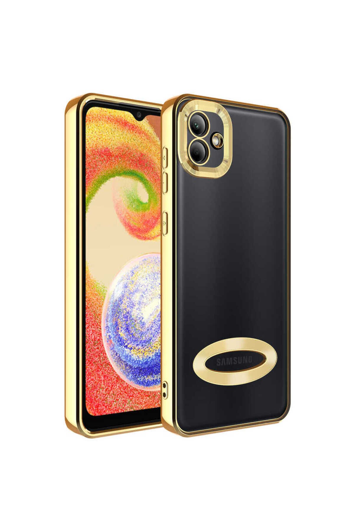 Galaxy A03 Kılıf Kamera Korumalı Logo Gösteren BSAY Omega Kapak - Siyah Gold