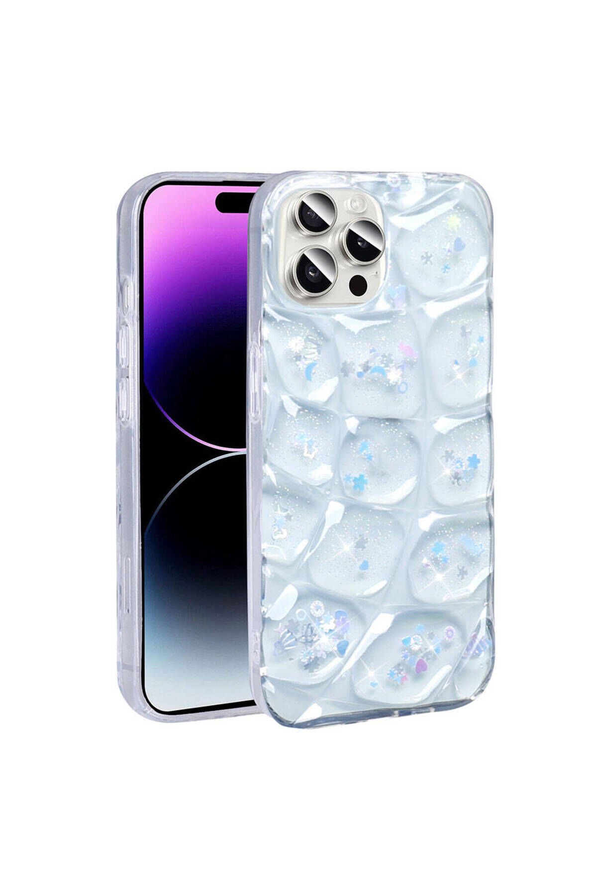 iPhone 14 Pro Max Kılıf Simli 3D Desenli BSAY Hacar Kapak - Pembe-Mor Pembe-Mor