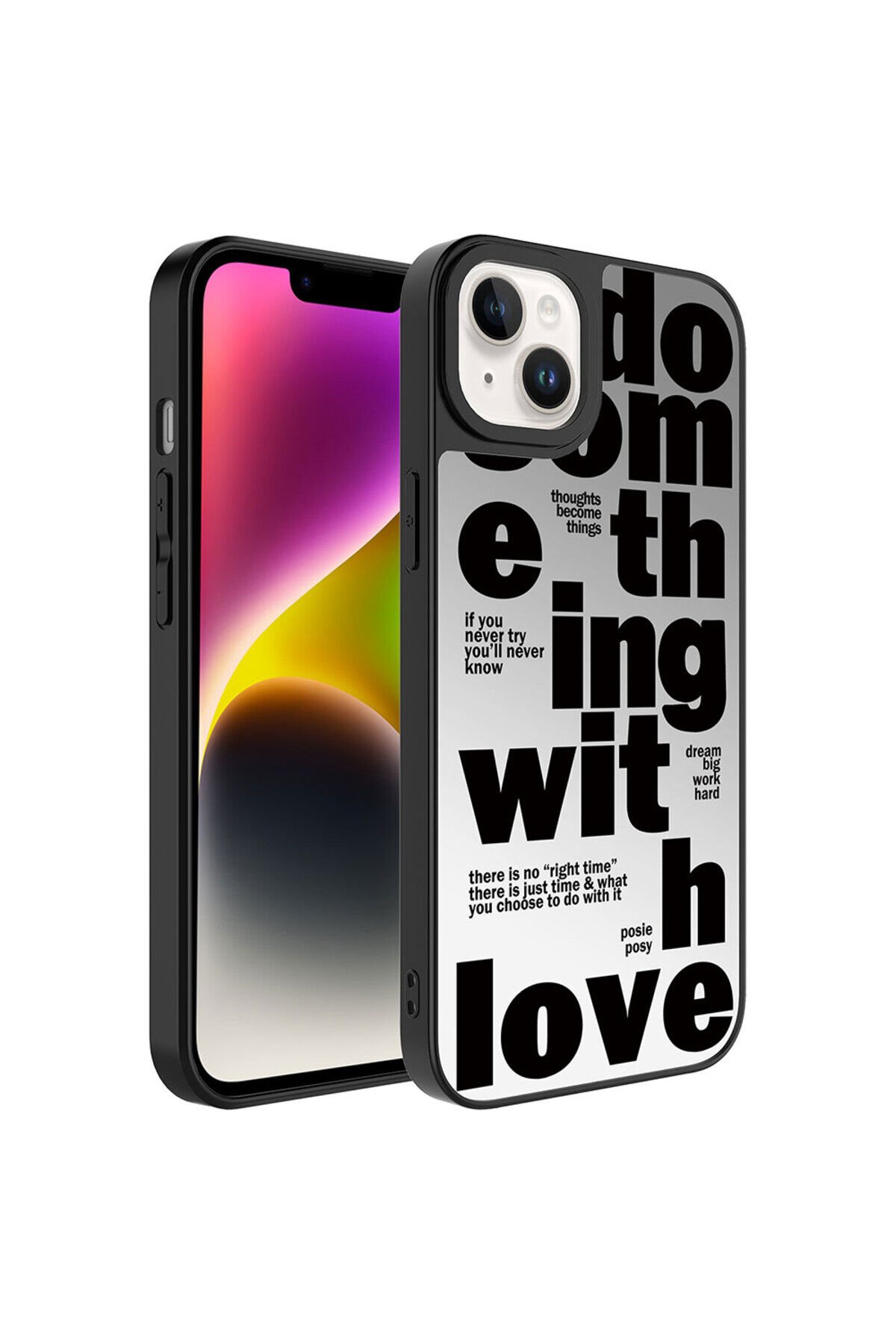 iPhone 14 Uyumlu Aynalı Desenli Kamera Korumalı Parlak BSAY Mirror Kılıf-Love Love