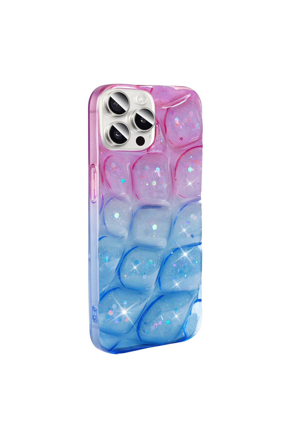 iPhone 14 Pro Max Kılıf Simli 3D Desenli SBT Hacar Kapak - Pembe-Mavi Pembe-Mavi