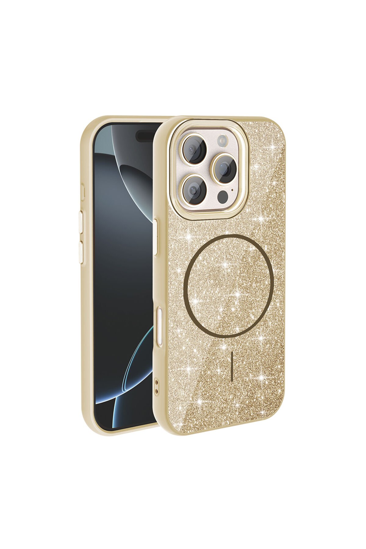 iPhone 16 Pro Kılıf Magsafe Şarj Özellikli Parlayan Simli BSAY Okso Kapak - Gold Gold