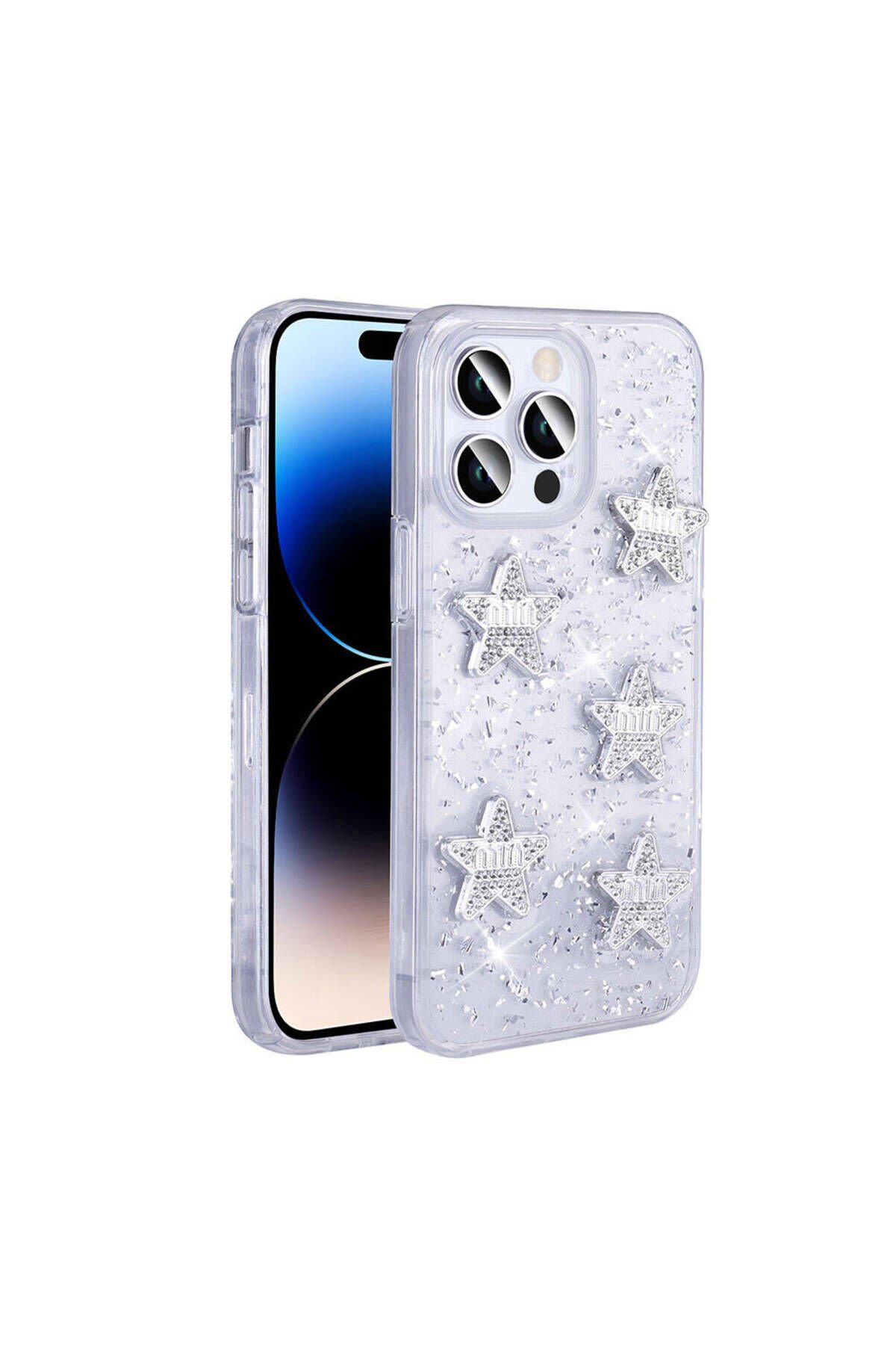 iPhone 14 Pro Max Kılıf Airbagli Simli Arka Yüzey BSAY Işıltı Silikon Kapak - Beyaz-Yıldız Beyaz-Yıldız