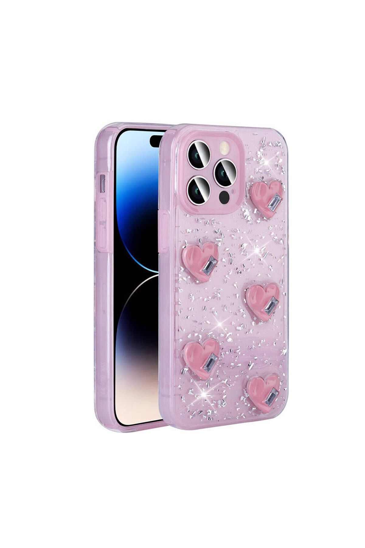iPhone 14 Pro Max Kılıf Airbagli Simli Arka Yüzey BSAY Işıltı Silikon Kapak - Beyaz-Yıldız Pembe