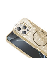iPhone 16 Pro Max Kılıf Magsafe Şarj Özellikli Parlayan Simli Zore Okso Kapak - Beyaz Siyah