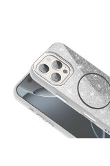 iPhone 16 Pro Max Kılıf Magsafe Şarj Özellikli Parlayan Simli Zore Okso Kapak - Beyaz Siyah